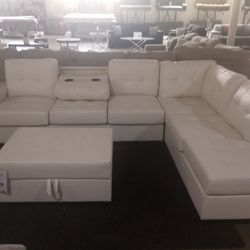 White Faux Leather Cupholder Sectional With Ottoman (Ask For Jose)