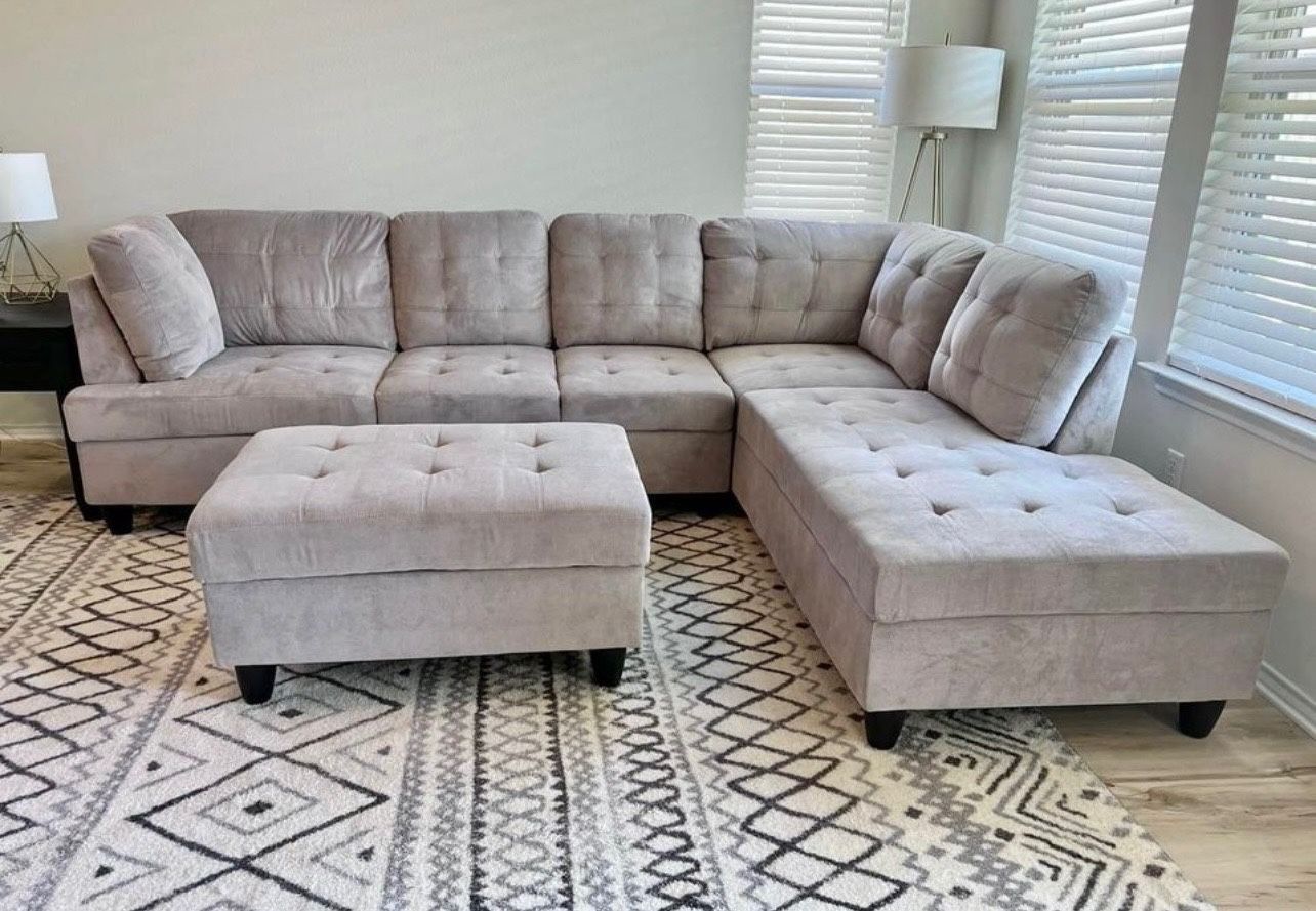 COSTCO Grey Chenille Sectional Couch And Ottoman