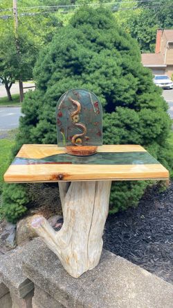 Artisanal Live-Edge Wood and Epoxy Resin River Table with Stump Base