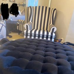 Striped Chair And Black Ottoman