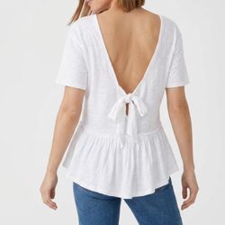 INC International Concepts Coquette Open Back Tie Peplum Top White Medium Slub