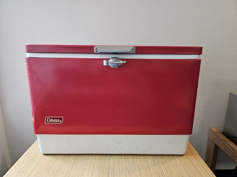 Retro Red and White Metal Coleman Cooler