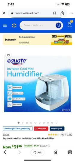 Equate 1.1-Gallon Invisible Cool Mist Humidifier new