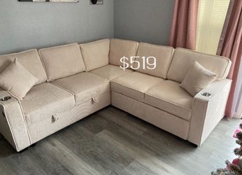 3-Pc Sectional Sofa With Pullout And Sofa With Storage