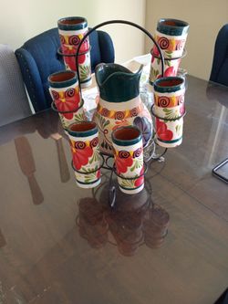 Mexican Talavera Pitcher and Cups Set with Stand