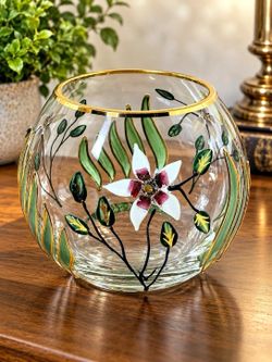 Vintage Crystal Clear Romania Hand Painted Lead Crystal Floral Rose Bowl
