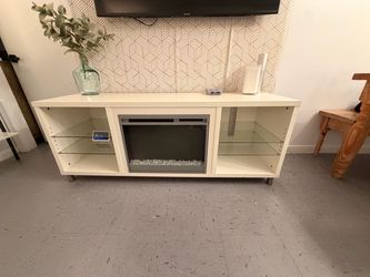 64” White TV Stand w/ Electric Fireplace Heater + LED Glass Shelves