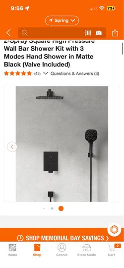 2-Spray Square High Pressure Wall Bar Shower Kit with 3 Modes Hand Shower in Matte Black (Valve Included)