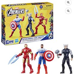 Marvel Avengers Epic Hero Series Team-Up Gift Pack, 4-Inch-Scale (10cm) Captain America, Thor, Iron Man Action Figures, Toys Collection 