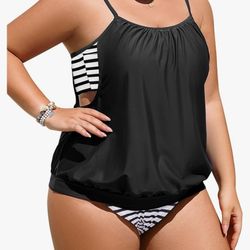 18W Swim set,Black and White Striped Bikini with Flowing Tankini Top, Daci