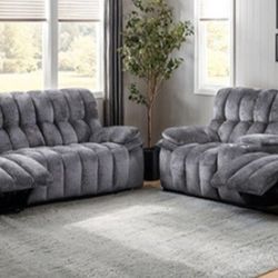 Brand New Grey Super Plush Reclining Sofa & Loveseat 