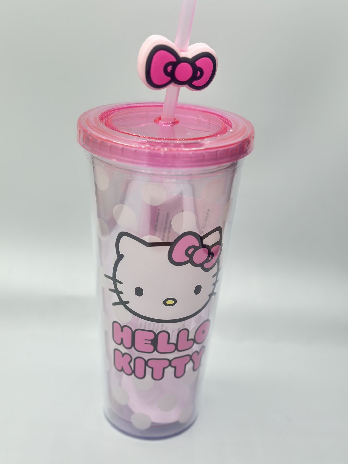 Sanrio Hello Kitty Polka Plastic Tumbler With Pink Bow Straw/ 24 oz New