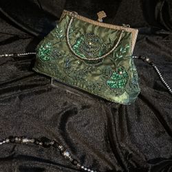 Elegant Green Brocade Wristlet With Vintage Clasp 