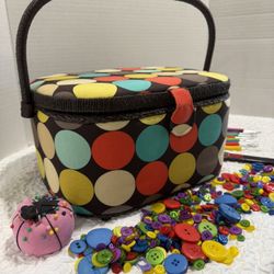 Polka Dot Sewing Basket with Sewing Kit Accessories size 6.5” tall 5”Deep 12” wide 