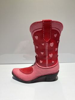 Pink and Red Heart-Patterned Ceramic Cowgirl Boot Decorative Planter Vase 8.5”H