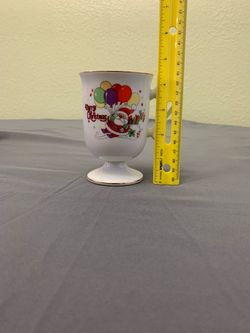 Vintage Merry Christmas Pedestal Mug Santa with Balloons Porcelain Gold Trim 4.5"