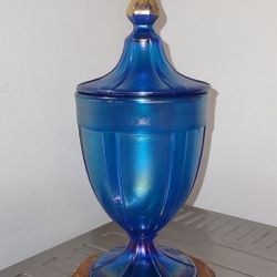 Vintage Fenton Celeste Blue Candy Dish with lid in Iridescent Stretch Satin Glass and Gold,11 in Tall.
