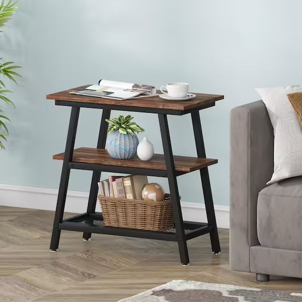 24 in. Rustic Brown Rectangle Wood End Table with Storage, 3-Tier Sofa Side Table for Living Room