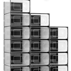 X-Large Shoe Storage Box, 15 Pack Clear Plastic Stackable Shoe Organizer for Closet, Interlocking Design Shoe Container Bins for Sneakers, Foldable Sh