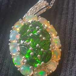 Opal Halo Green Topaz Platinum Plated Sterling Silver 20" Chain