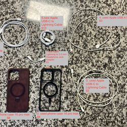 Used iPhone 16 pro max case and cables, lighting, USB, USB-C, 3.5 mm Headphone Jack Adapter
