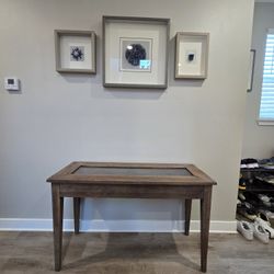 World Market Wood Console Table with Glass Top and Display Drawer