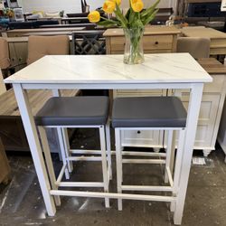 Bar Height Dining Table Set for 2, 3-Piece Pub Counter Height Tall Kitchen Table Set with 2 Backless Cushioned Stools, Faux Marble Breakfast Nook with