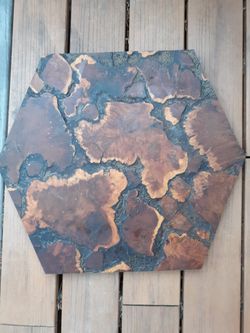 Burl wood live edge vintage hexagonal table top burned wood 2ft across