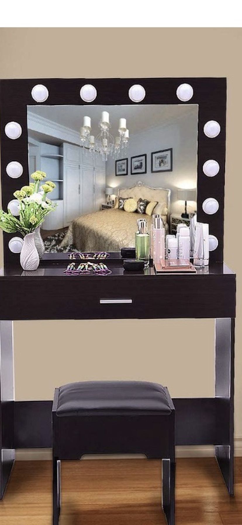 Vanity Set with Large Drawer for Women Makeup 12 LED Bulbs Lighted Mirror Cushioned Stool Table Dresser Desk for Bedroom (Black Walnut Vanity)