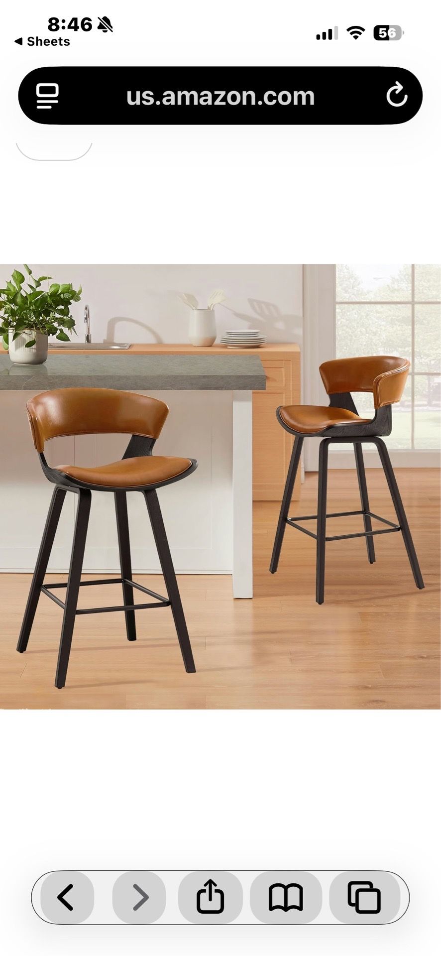 2 - Bar Stools - Mid Century Modern Counter Height Bar Stools, Faux Leather Upholstered NEW