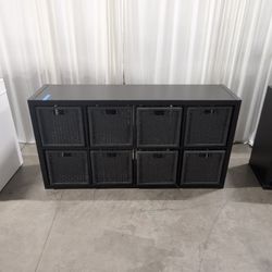 Dark Brown Eight-Cube Bookcase with Grey Baskets