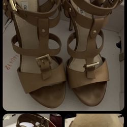 GUESS GW ORMANDI LIGHT NATURAL LEATHER HIGH HEELED STRAPY 👡 SANDAL SZ:9.5M Tan