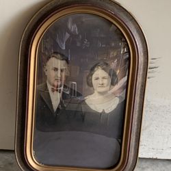 Antique Convex Bubble Glass Colored Tiger Wood Frame 