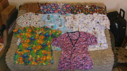 Scrub Top Lot. All fun prints! Med and a few large.nice!