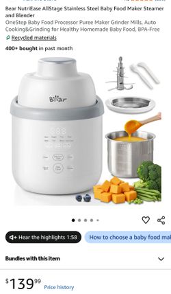 Bear Stainless Steel Baby Food Maker Processor, NutriEase 3-Stage Texture
OneStep Baby Puree Maker Steamer and Blender, Preset, Self-Clean&Dishwasher