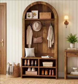 RY0364 4-in-1 70.8" Arched Coat Rack Hall Tree with Bench and Shoe Storage with 4 Hooks & Adjustable