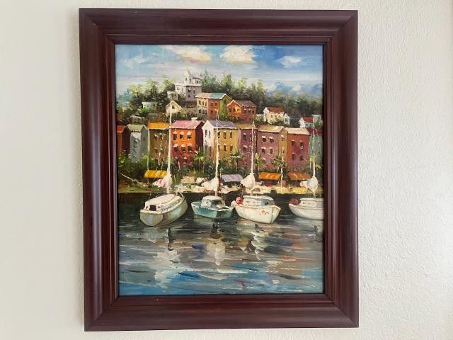 Boats At An Italian Harbor Oil Painting On Canvas 