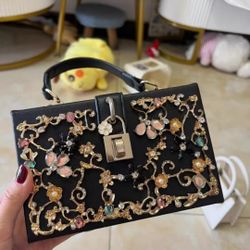 🔥 Brand New! Black Inlaid Diamonds Small Square Bag Golden Hollow Carved Flowers Lock Buckle Bag Handheld Crossbody Party Dating Goddess
 