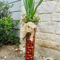 Tall Textured Rust Colored Ceramic Vase With Decorative Artificial Plant Greenery & Berries, Accented With A Burlap Bow! Beautiful Accent To Any Room!