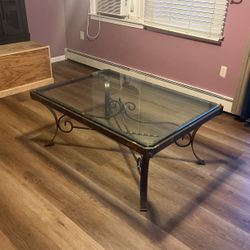 Extremely heavy iron and beveled glass Coffee and End Table. 