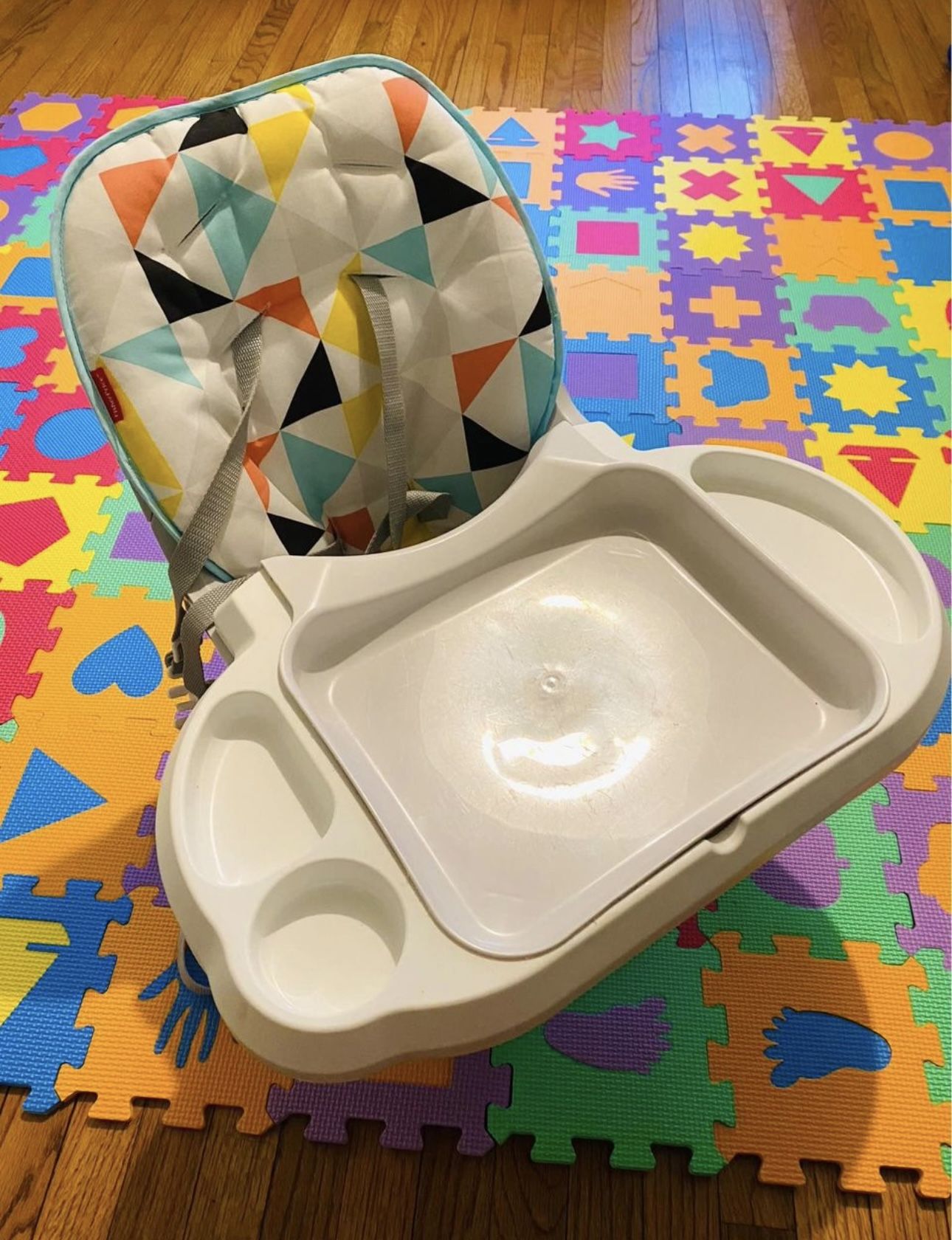 Fisher-Price Baby to Toddler High Chair SpaceSaver Portable Dining Seat & Booster with Washable Deep Tray & Liner, Windmill