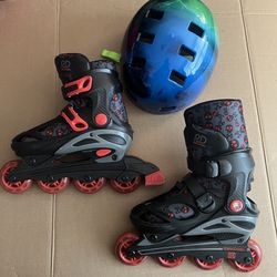 Roller Derby RD Inline + quad combo hard shell adjustable skates Boys Size 3-6 and Schwinn Helmet 