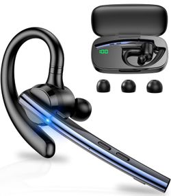 New Bee Bluetooth Headset V5.1 Bluetooth Earpiece Dual Mic with 500mAh Charging Case 72H Talk Time Wireless Hand-Free Headsets with Mute Button for Ce