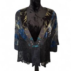 Vintage Spencer Alexis Black Floral Kimono Top with Lace Trim Size XL