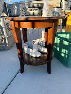 Round Wood End Table with Lower Shelf