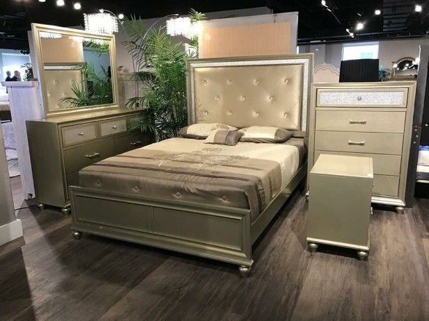 Lila Champagne Upholstered Panel Bedroom Set Available in Queen