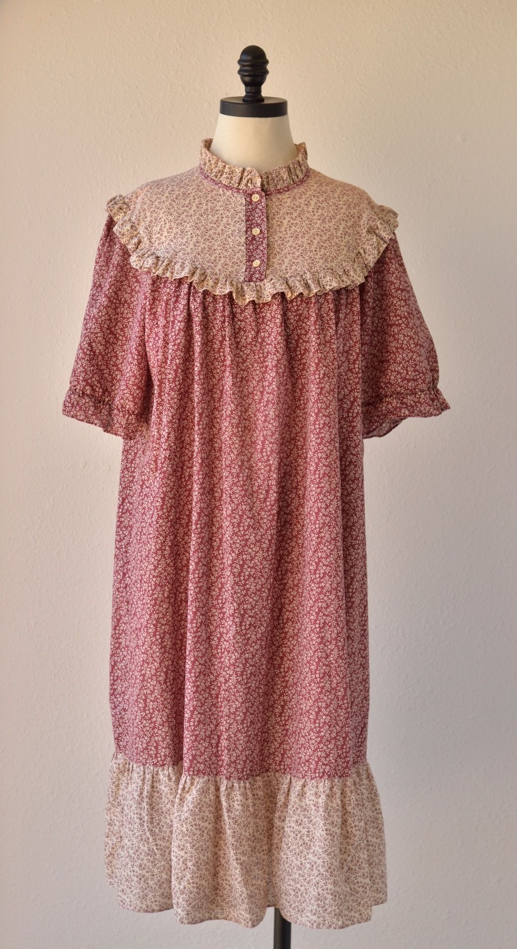 60s 70s Vintage Prairie Cream Maroon Calico Floral Ruffled Bib Nightgown by En Route, Buttons Down, Ruffle Hem, Half Sleeve House Dress