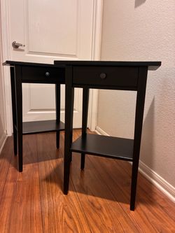 2 Ikea Black Wood Nightstands with Drawer and Shelf