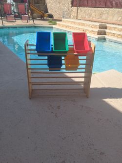Wooden Shelf With Hard Plastic Cubbies!