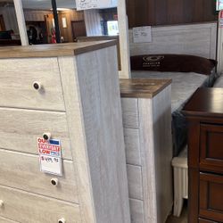 Queen size headboard, footboard rails, dresser, mirror, and nightstand, 899 chest 499